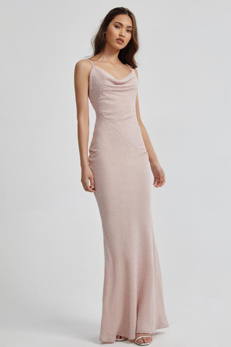 Lexi Cleo pink textured gown with cowl neckline and thin straps