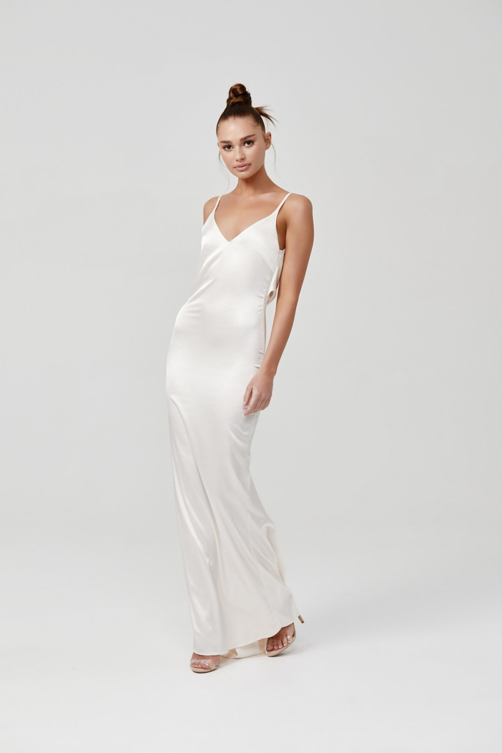 Lexi Gabrielle cream satin slip gown with V neckline and thin straps