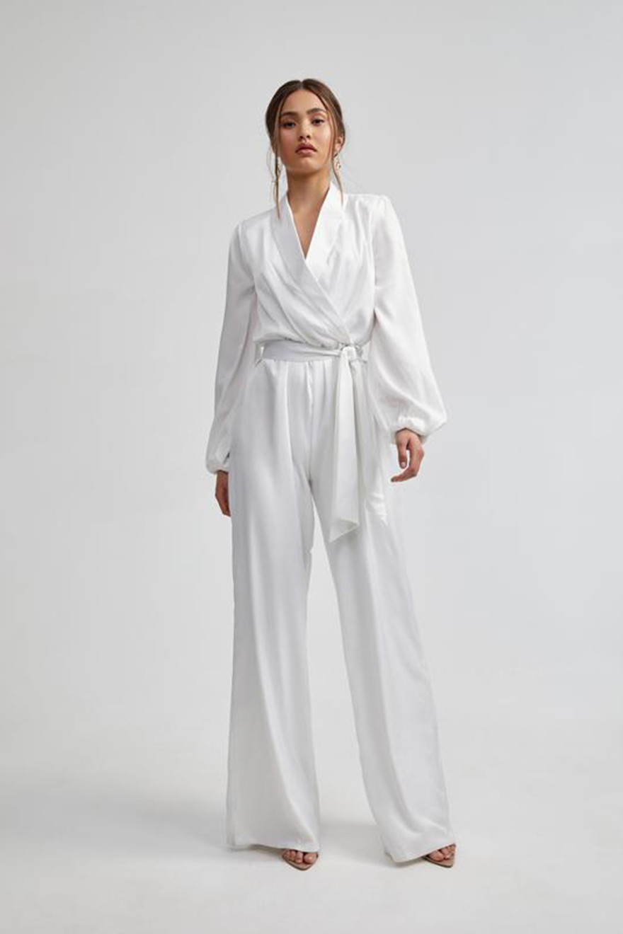 Lexi Kesia ivory satin jumpsuit with shawl collar and wide-leg pants