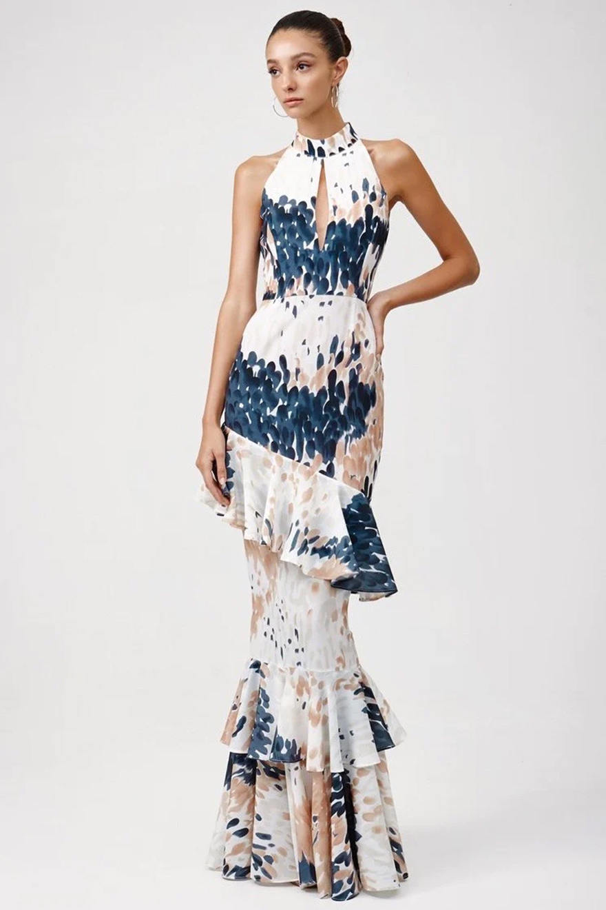 Lexi Mabella navy and tan print halter gown with keyhole neckline and ruffle skirt