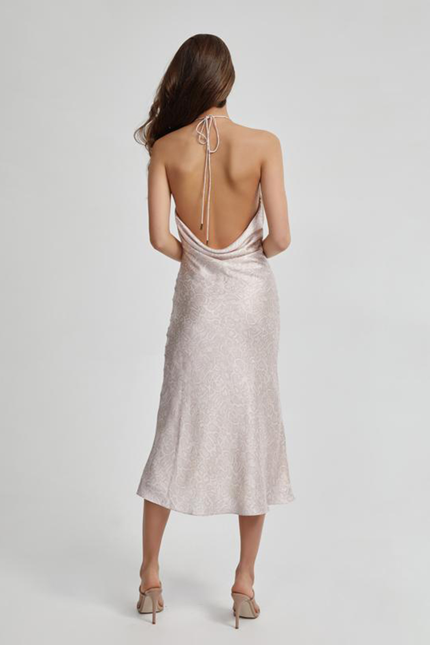 Back of Lexi Maria blush satin slip dress showing plunging low back