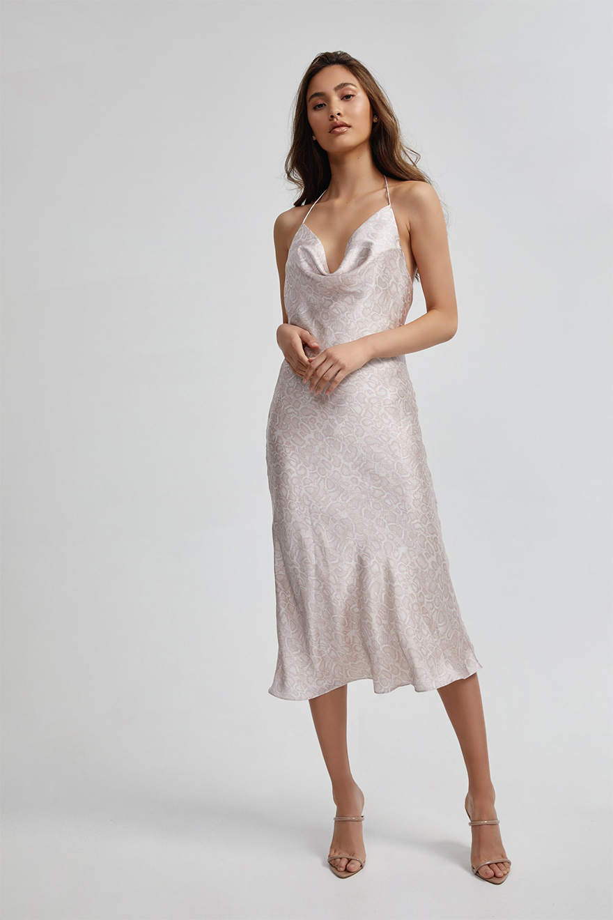 Lexi Maria blush python print satin slip dress with cowl neck halter