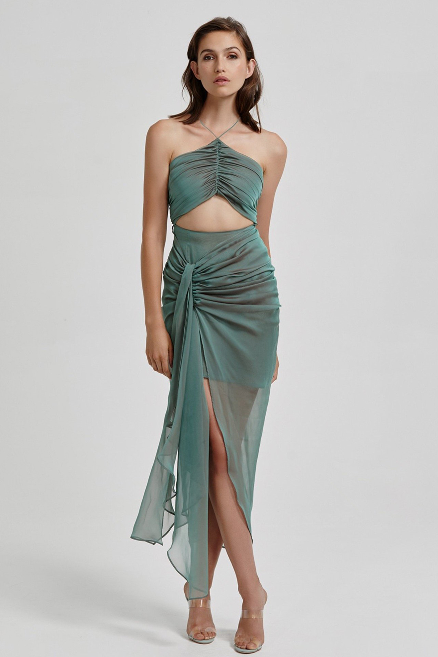 Lexi Renata green shot chiffon dress with halter neck and midriff cut-out