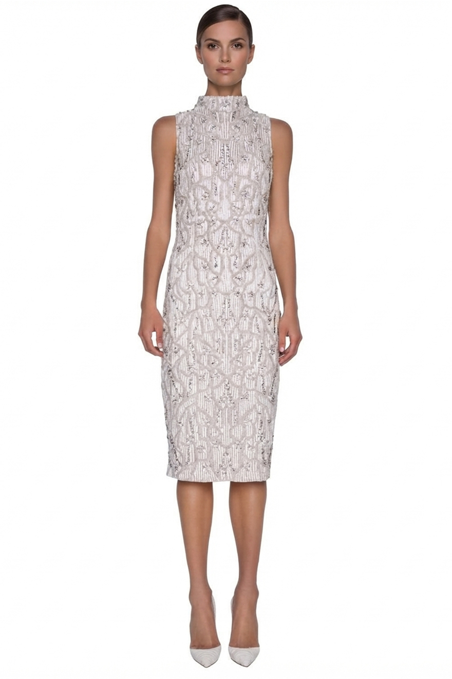 Madame X Millie white beaded sequin midi dress with high neckline