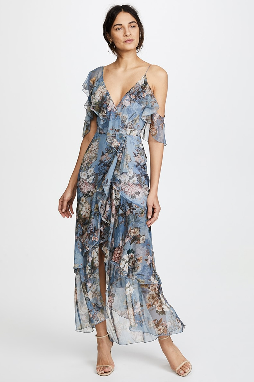 Nicholas Arielle blue floral silk maxi dress with deep V neck and cold-shoulder ruffles