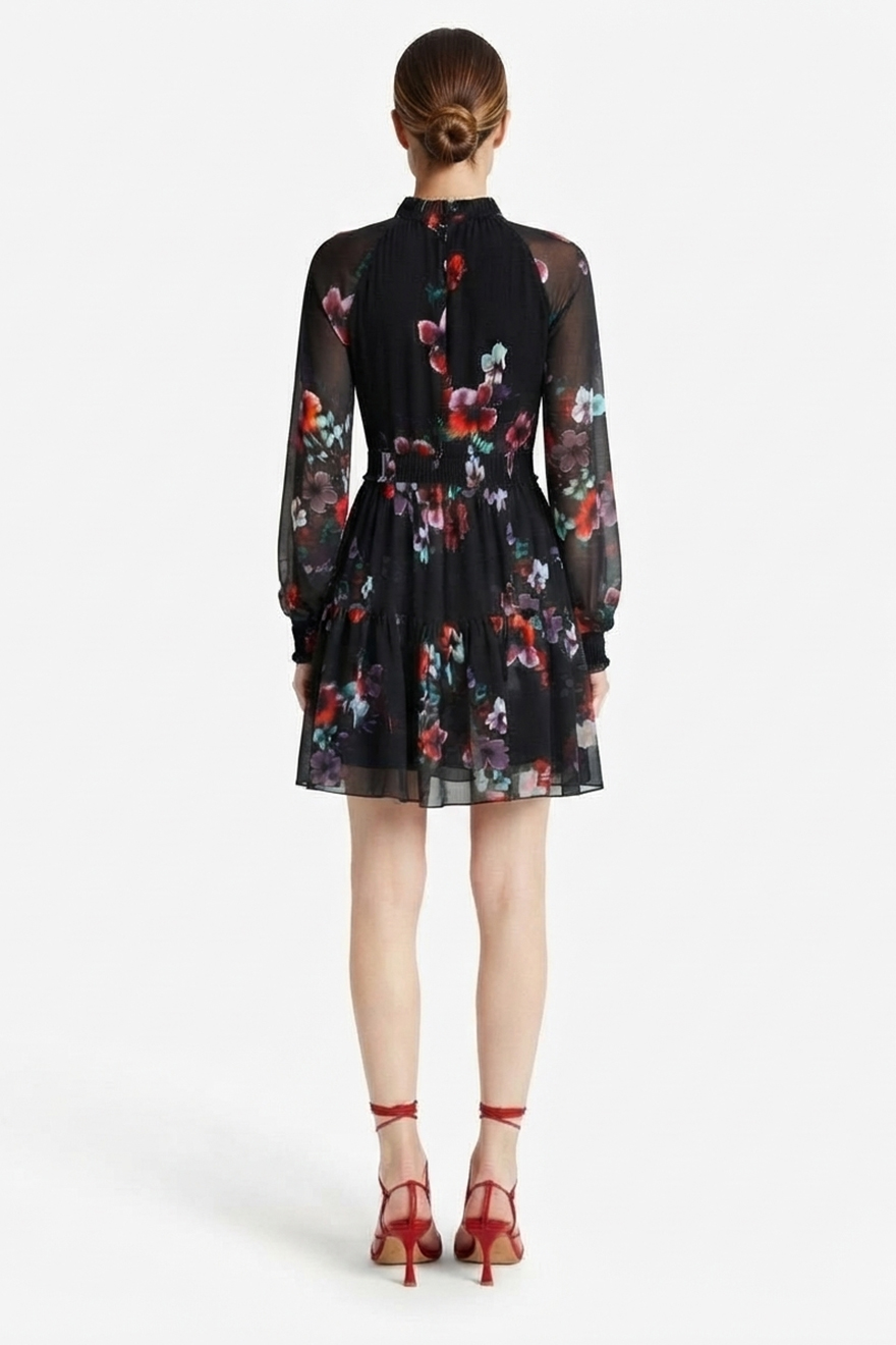 Back of Nicholas black floral silk mini dress with hidden zip
