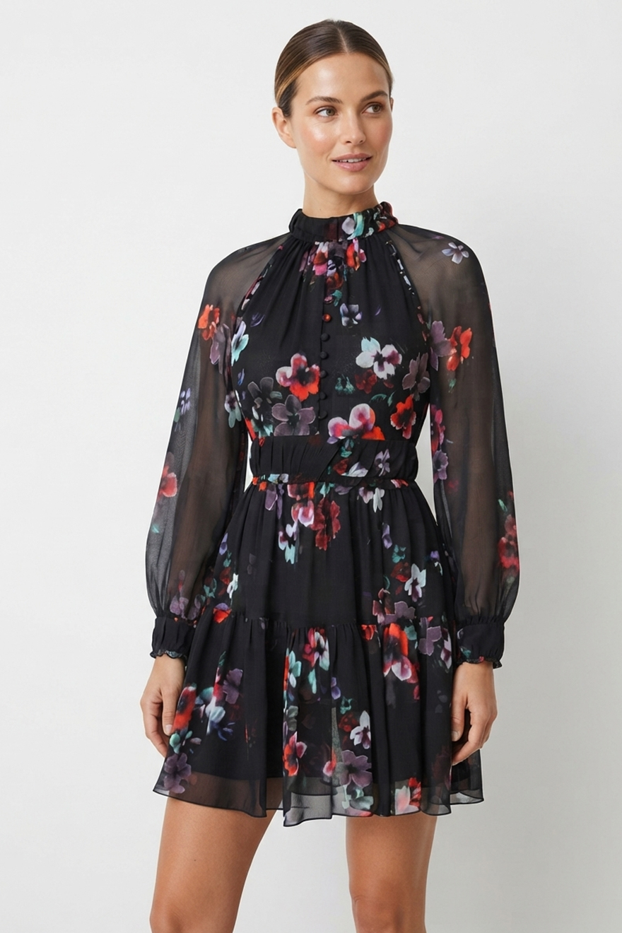 Nicholas black lilac floral silk mini dress with mock neck and long sheer sleeves