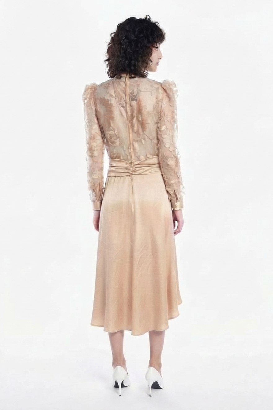 Back of Nicola Finetti champagne lace and satin midi dress