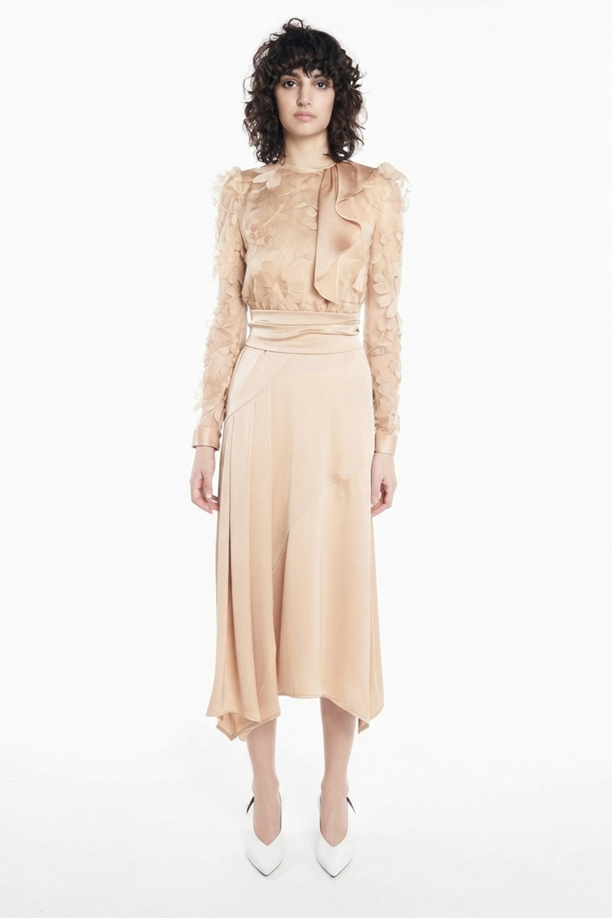 Nicola Finetti champagne dress with floral lace bodice and satin neck-tie