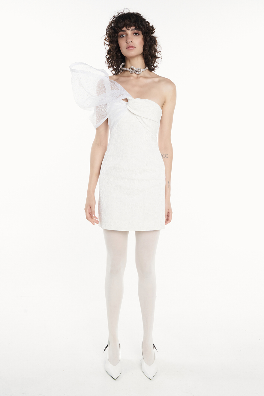Nicola Finetti Zoe white strapless mini dress with oversized organza shoulder ruffle