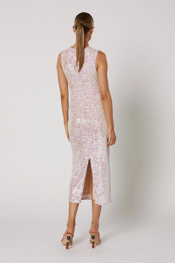 Back of Winona Kiama pink sequin midi dress showing movement split