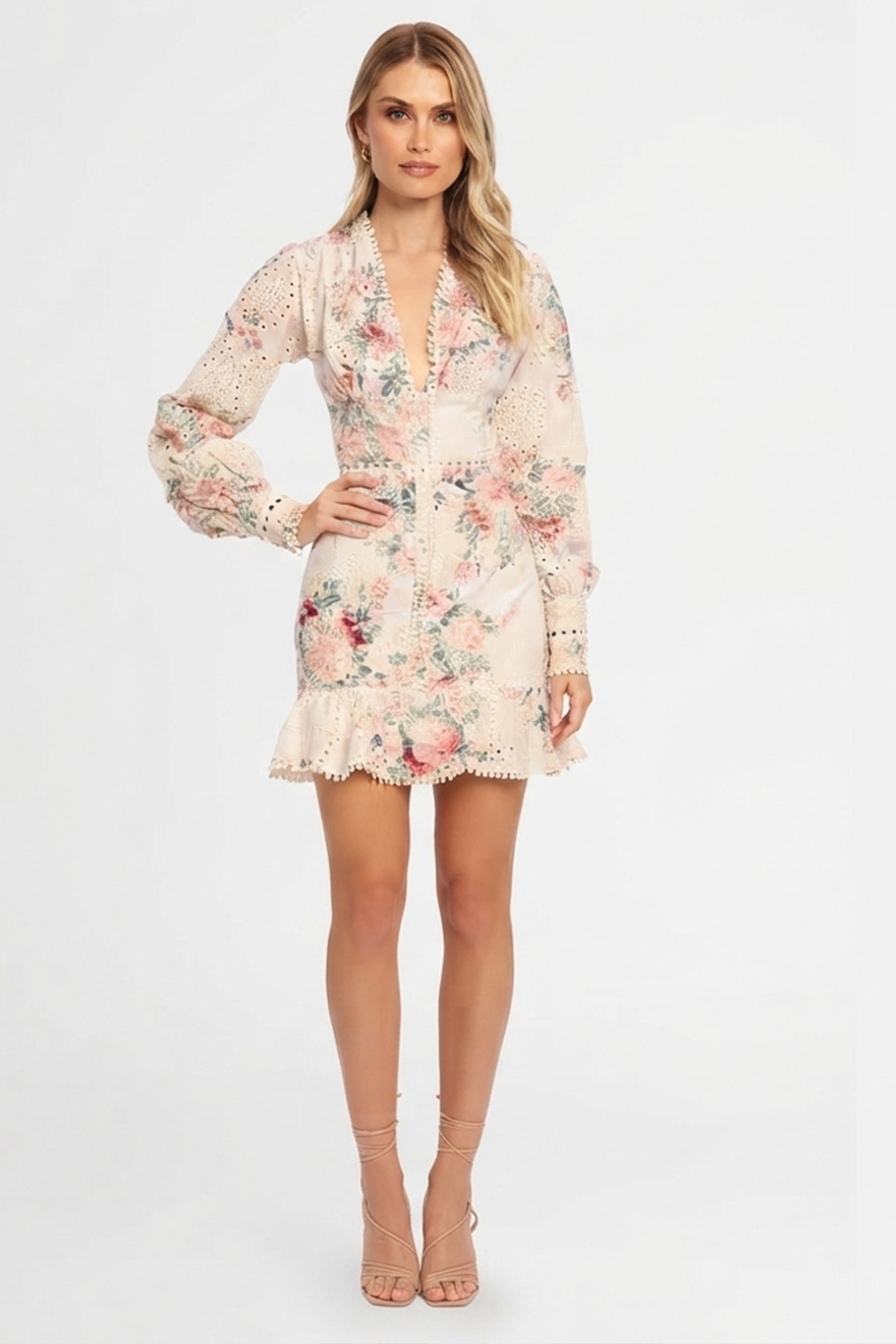 Winona cream floral embroidered mini dress with deep plunge V and blouson sleeves