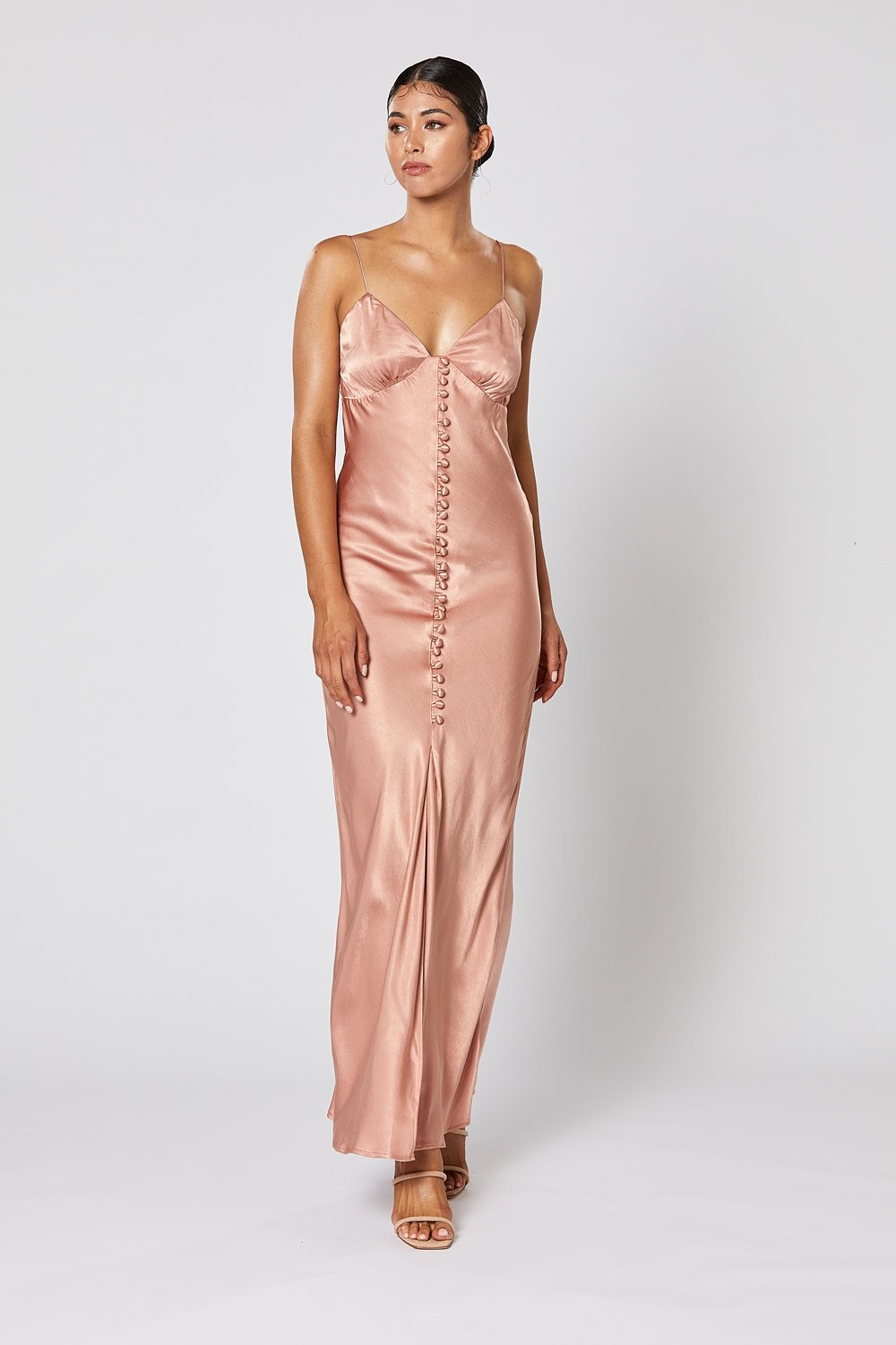 Winona Zola dusty pink satin slip maxi with bralette neckline and rouleau button front