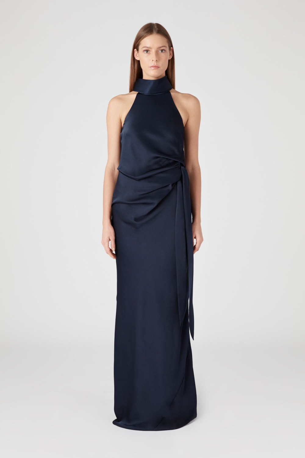 Camilla and Marc Antonelli navy satin gown with high halter folded collar neckline