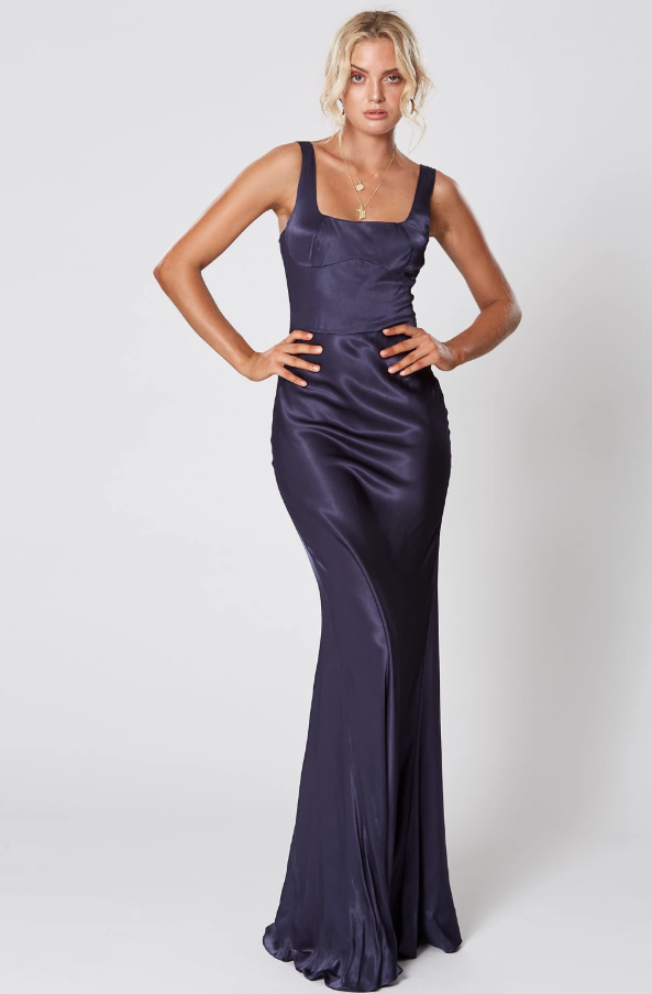 Winona Lady of the Night navy satin gown with square neckline and adjustable straps