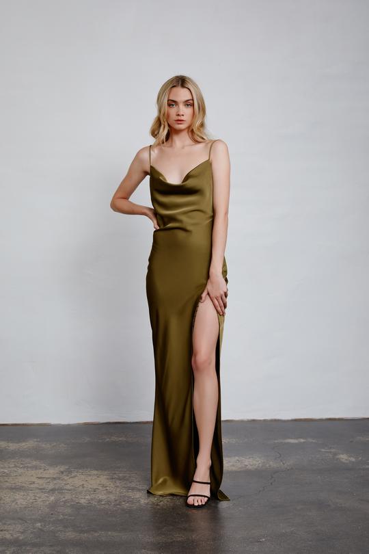 Lexi Alika olive satin gown with draped cowl neckline and thin straps