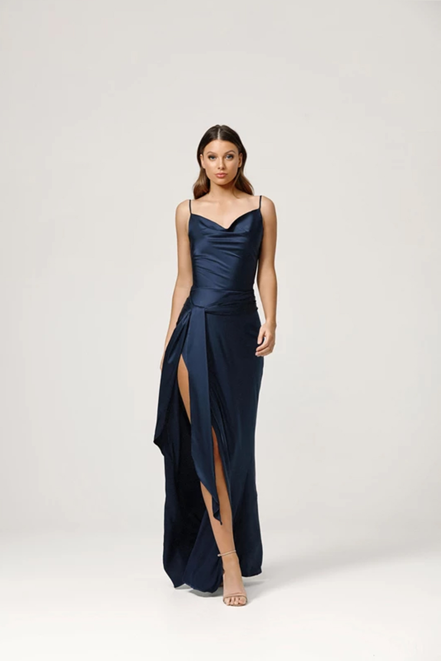 Lexi Ashton navy satin gown with cowl neckline and draped waist tie