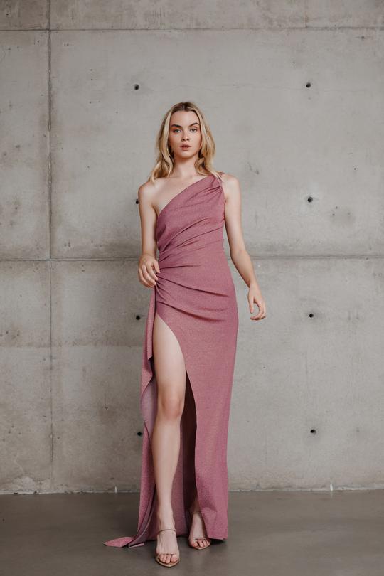 Lexi Bahari rose lurex one shoulder gown with waist gathering and thigh split