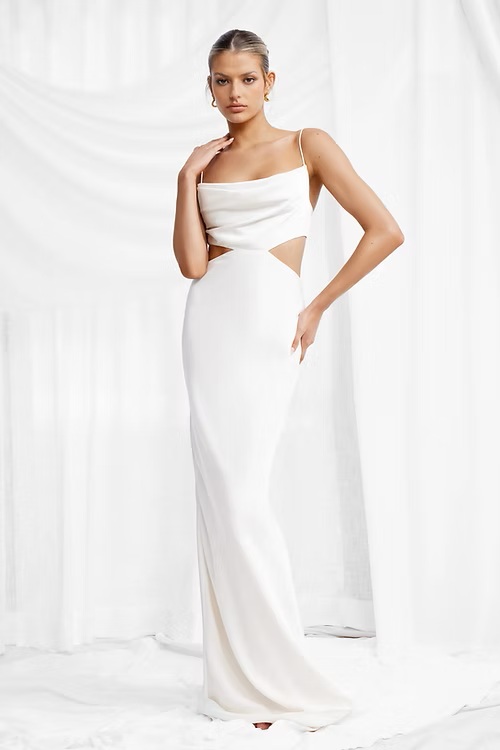 Lexi Celia satin gown with cowl neckline and side waist cut-out