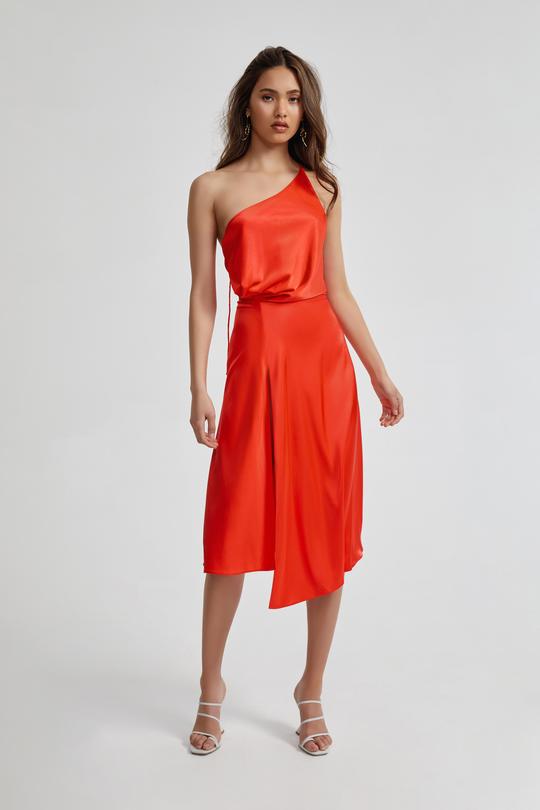 Lexi Frankie orange satin one shoulder dress with A-line swing skirt