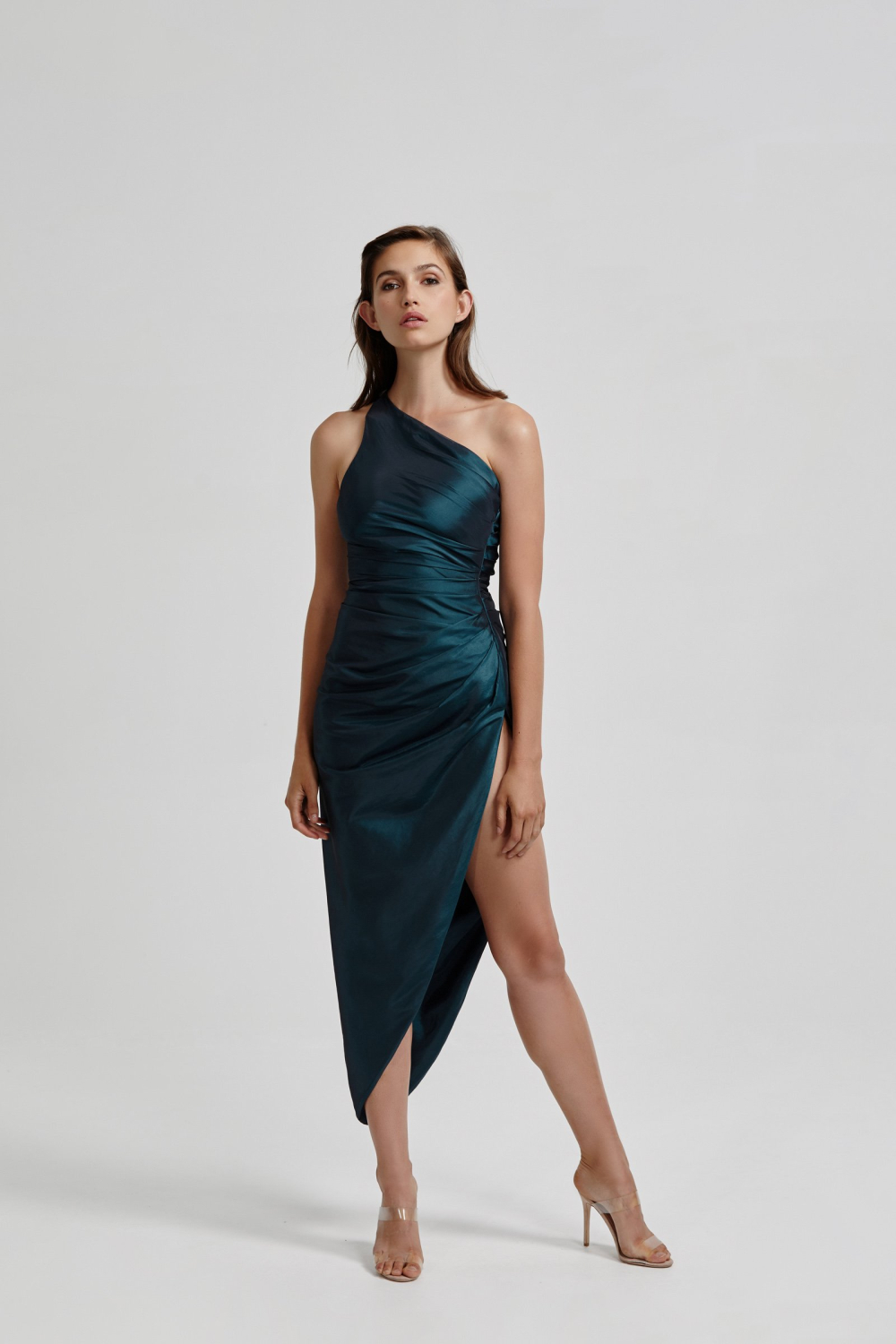 Lexi Jada shot green satin dress with one shoulder neckline and thigh split