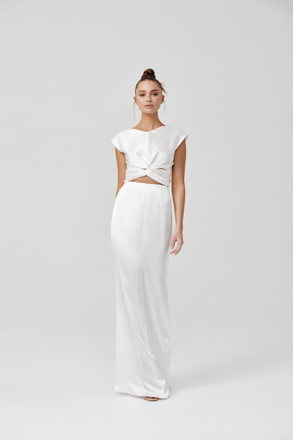 Lexi Kiera white satin gown with knotted twist front and midriff cut-out