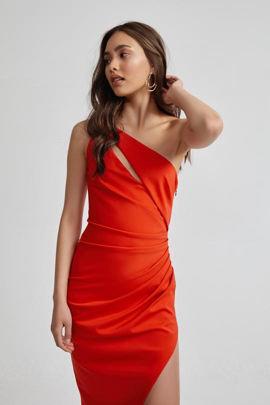 Close-up of bust cut-out detail on Lexi Lila orange dress