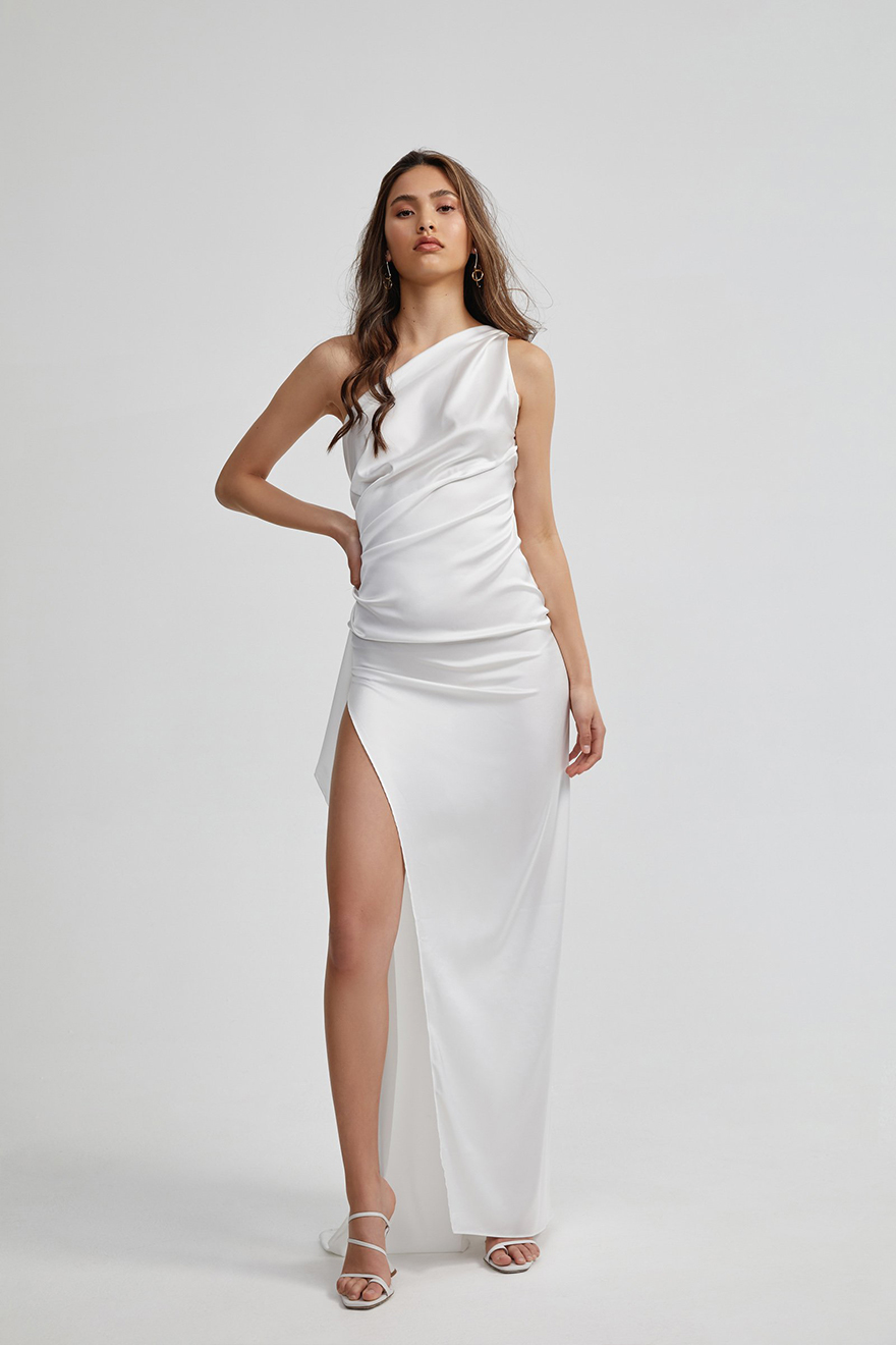 Lexi Samira ivory satin gown with one shoulder neckline and thigh-high split