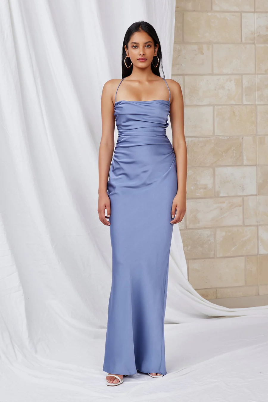 Lexi Scarlet stone blue satin gown with straight neckline and ruched bodice