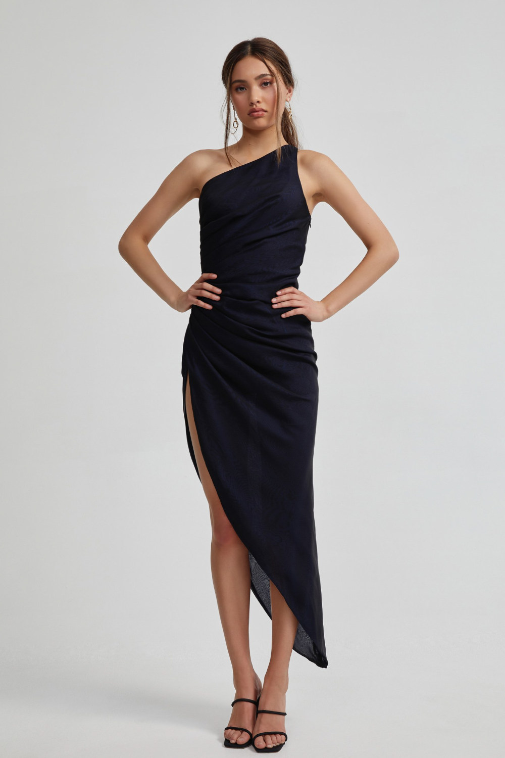 Lexi Sharika midnight chiffon one shoulder dress with gathered waist and thigh split