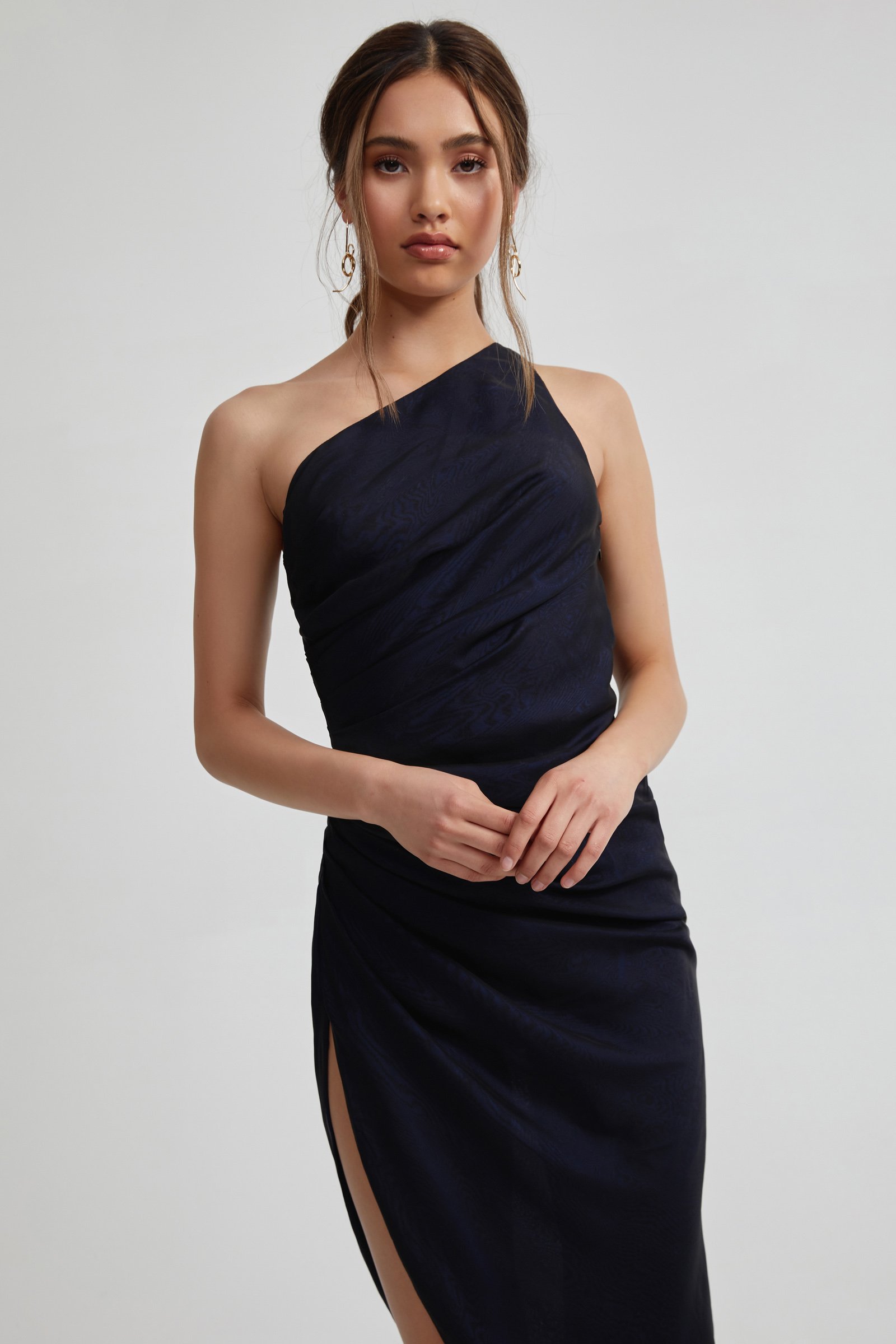 Close-up of shot midnight chiffon with moiré sheen on Lexi Sharika dress