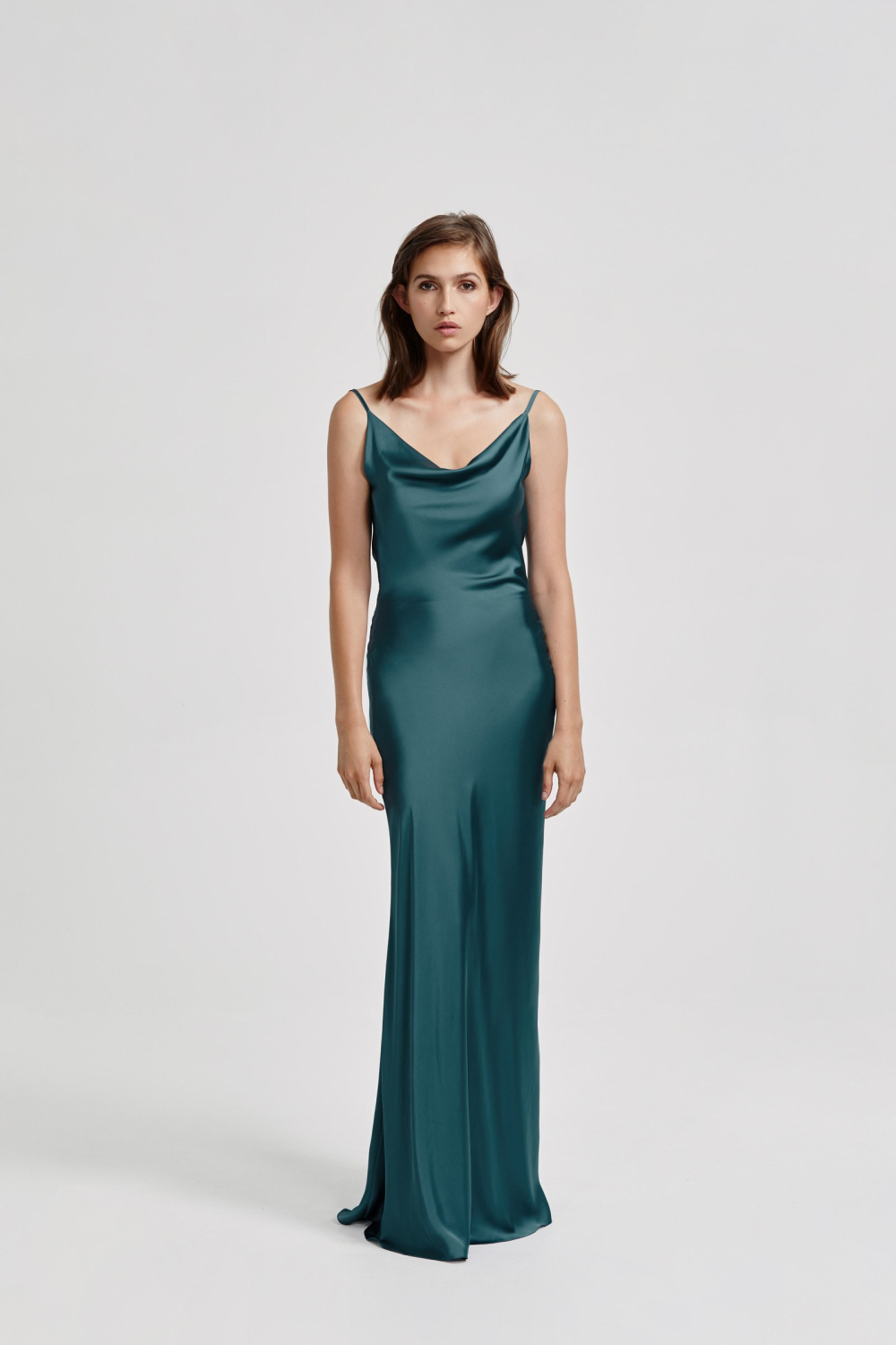 Lexi Zamora emerald teal satin gown with cowl neckline and thin straps
