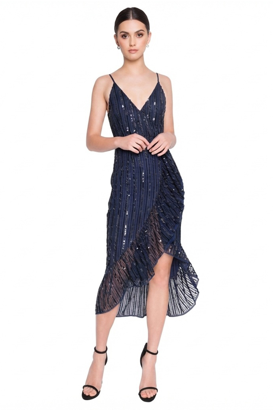 Madame X Siyana navy sequin midi dress with deep V neckline and thin straps