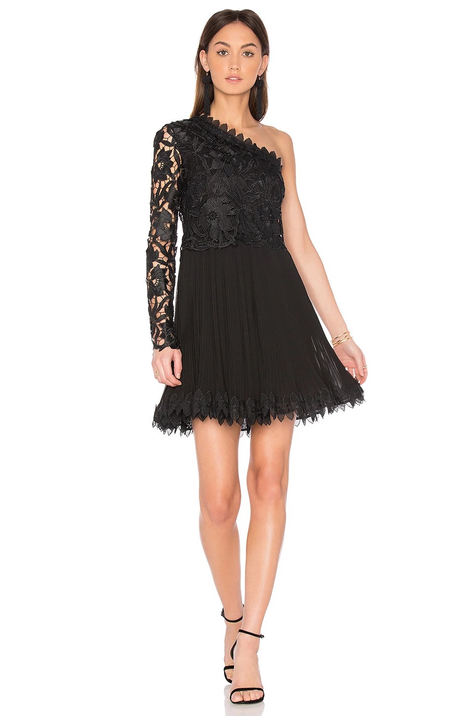 Nicholas black one shoulder dress with floral appliqué lace bodice and single sleeve