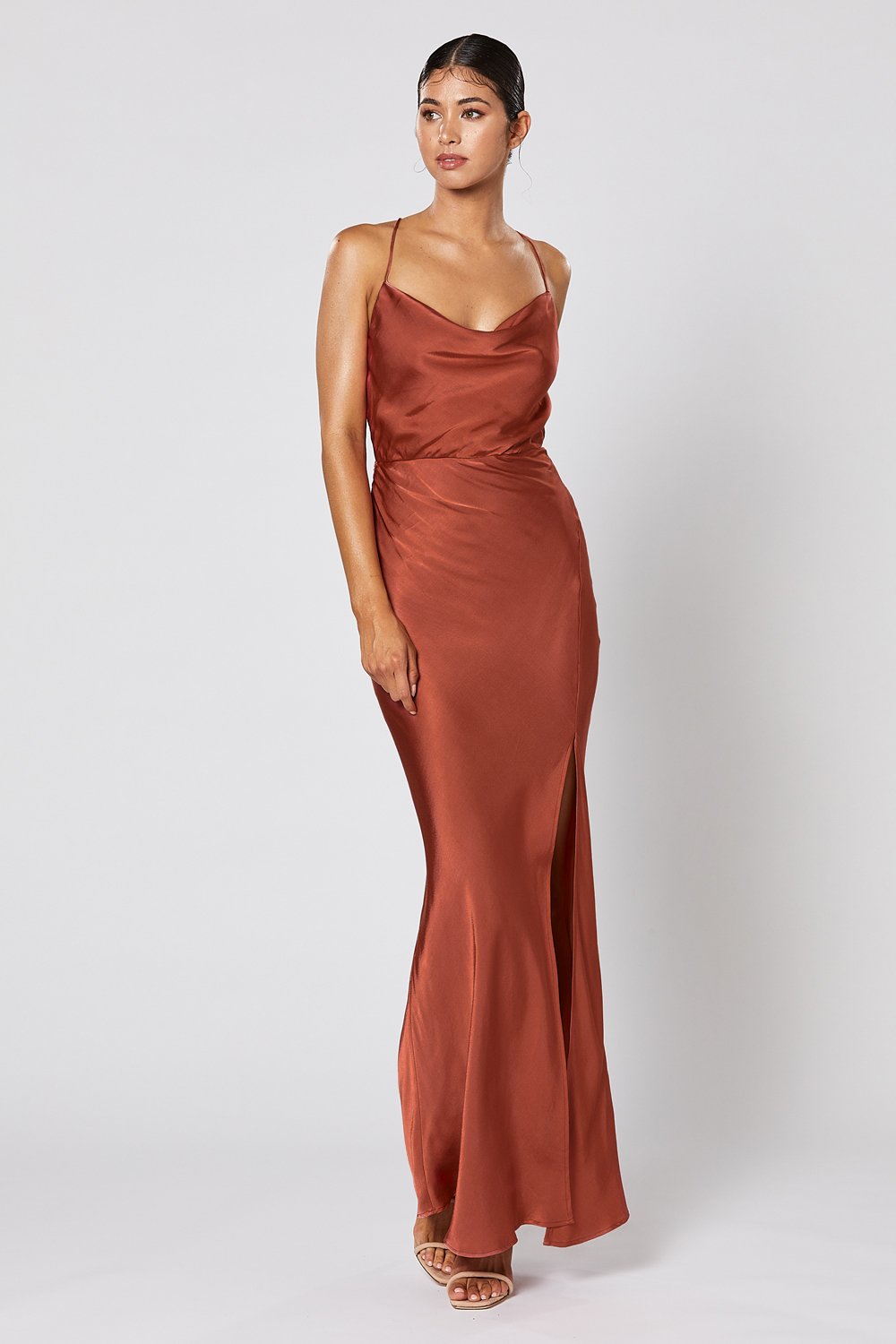 Winona Alma copper satin gown with cowl neckline and thin straps