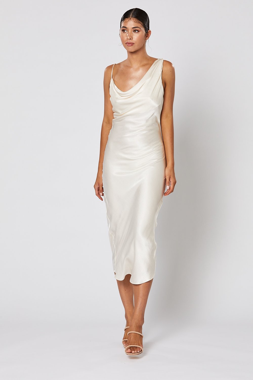 Winona Cara pearl satin dress with cowl neckline and asymmetric shoulder drape