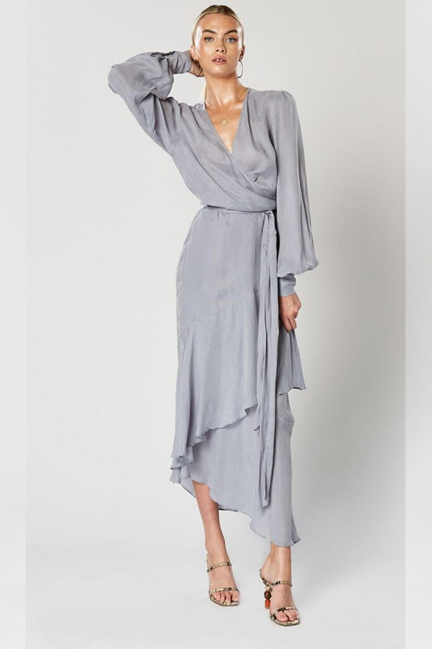 Winona Cosmo dusty blue wrap dress with waist tie and blouson sleeves