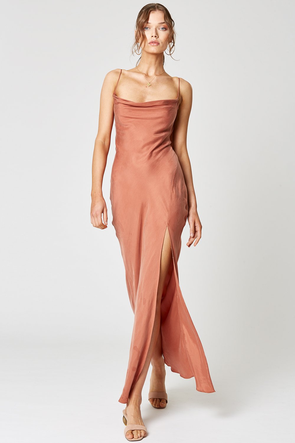 Winona Dusk rust cowl neck maxi dress with fine string straps