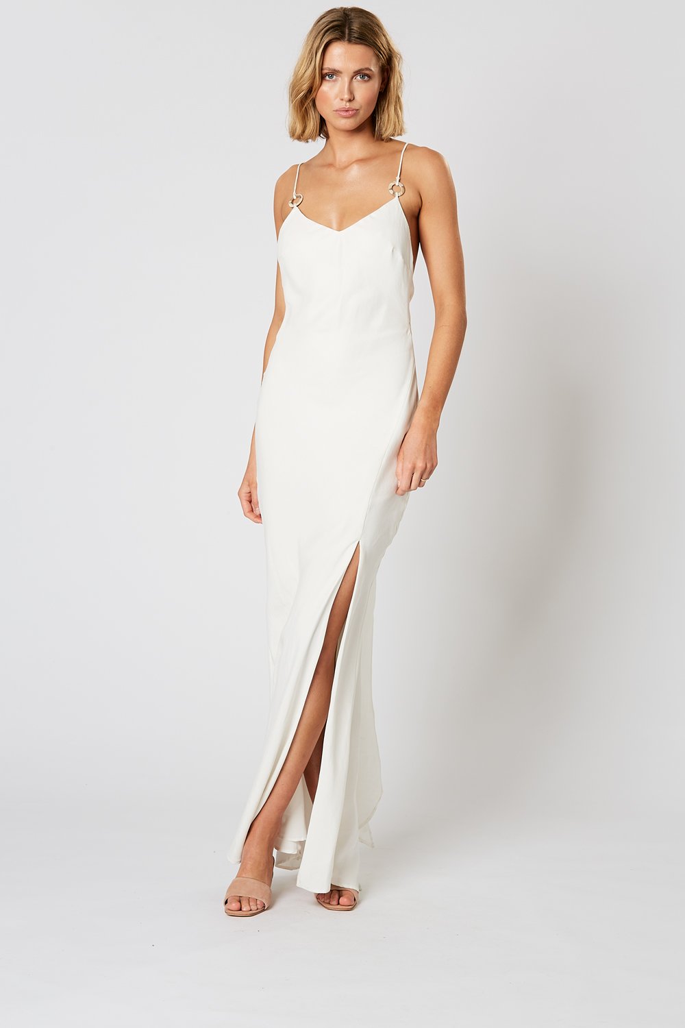 Winona Islet white Tencel maxi dress with camisole neckline and front split