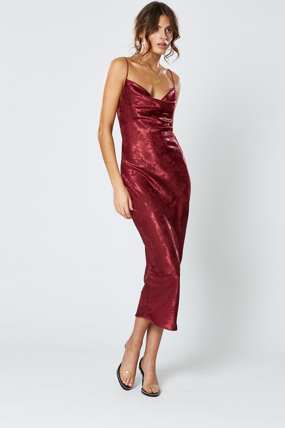 Winona Kensington wine satin slip dress with cowl neckline and floral jacquard