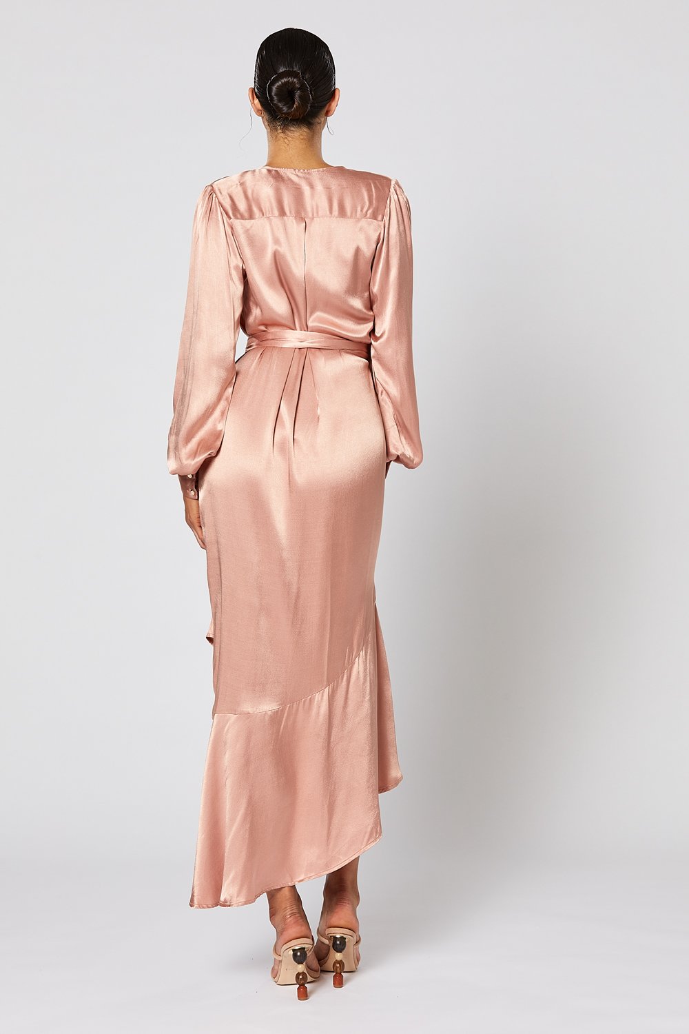 Back of Winona Miele dusty pink satin dress showing pleat panel feature