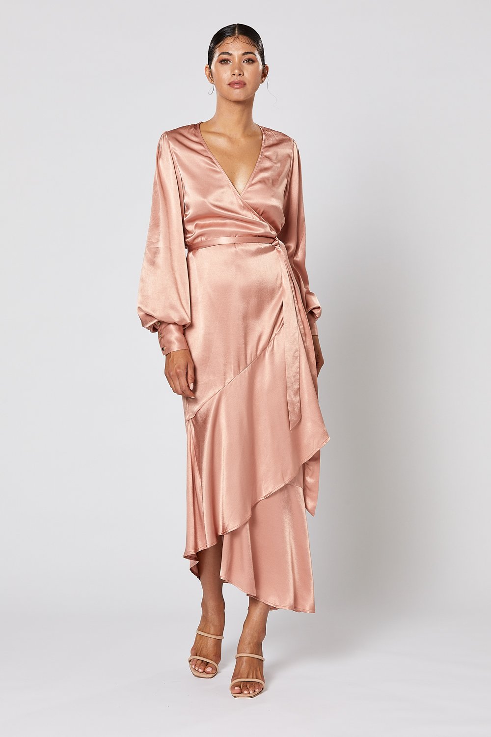 Winona Miele dusty pink satin wrap dress with deep V neckline and blouson sleeves