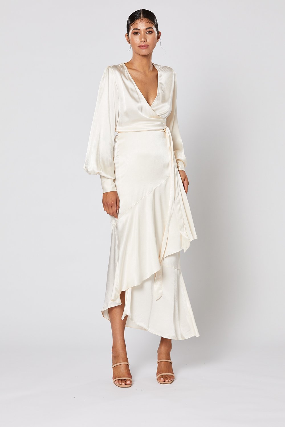 Winona Miele pearl satin wrap dress with deep V neckline and blouson sleeves