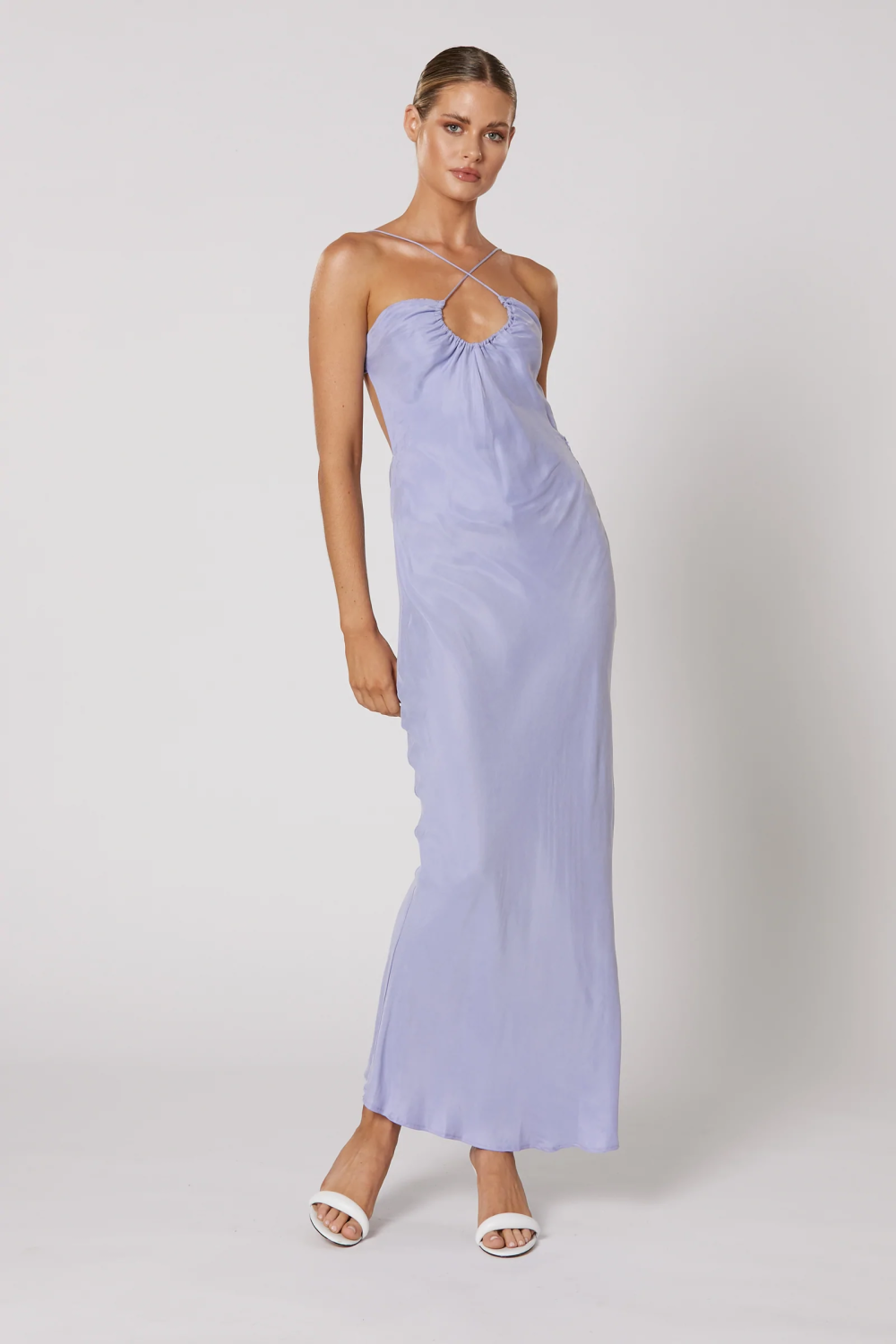 Winona Skye Clasp lavender bias-cut dress with gathered keyhole neckline