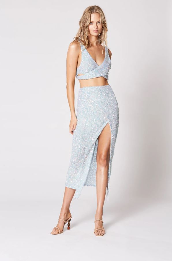 Winona Tempo ice blue sequin two piece with cross-front crop and midi skirt