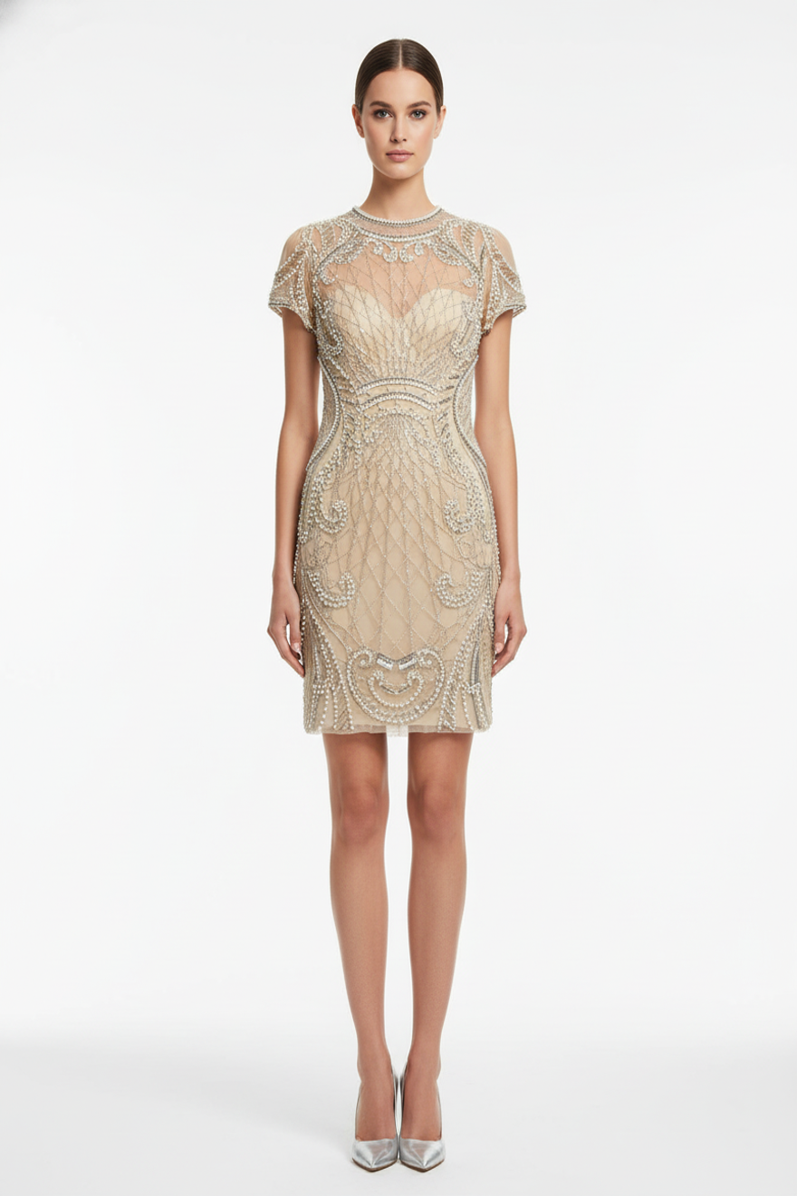 Atlazar champagne beaded mini dress with high neckline and cap sleeves