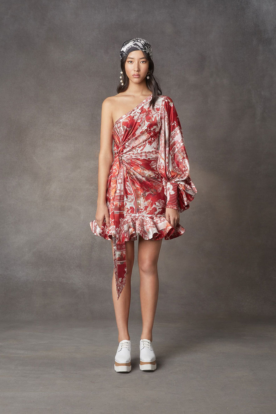 Leo Lin Imperial Draped mini dress in red silk linen print