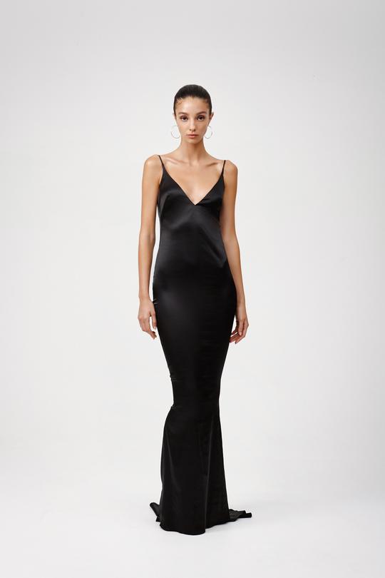 Lexi Esmae black satin slip dress with V neckline and thin straps