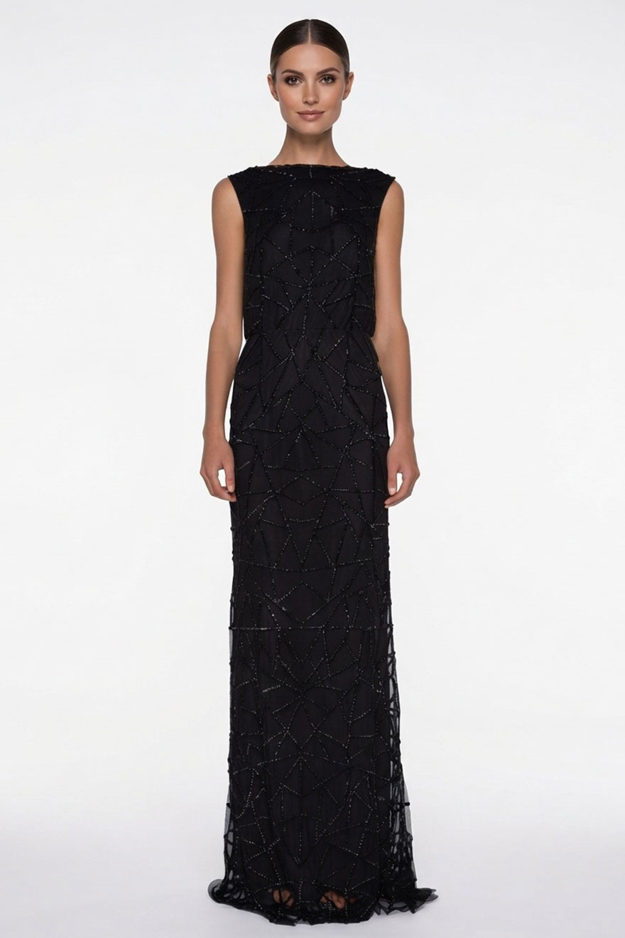 Madame X Gracie black beaded gown with high boat neckline and banded waist