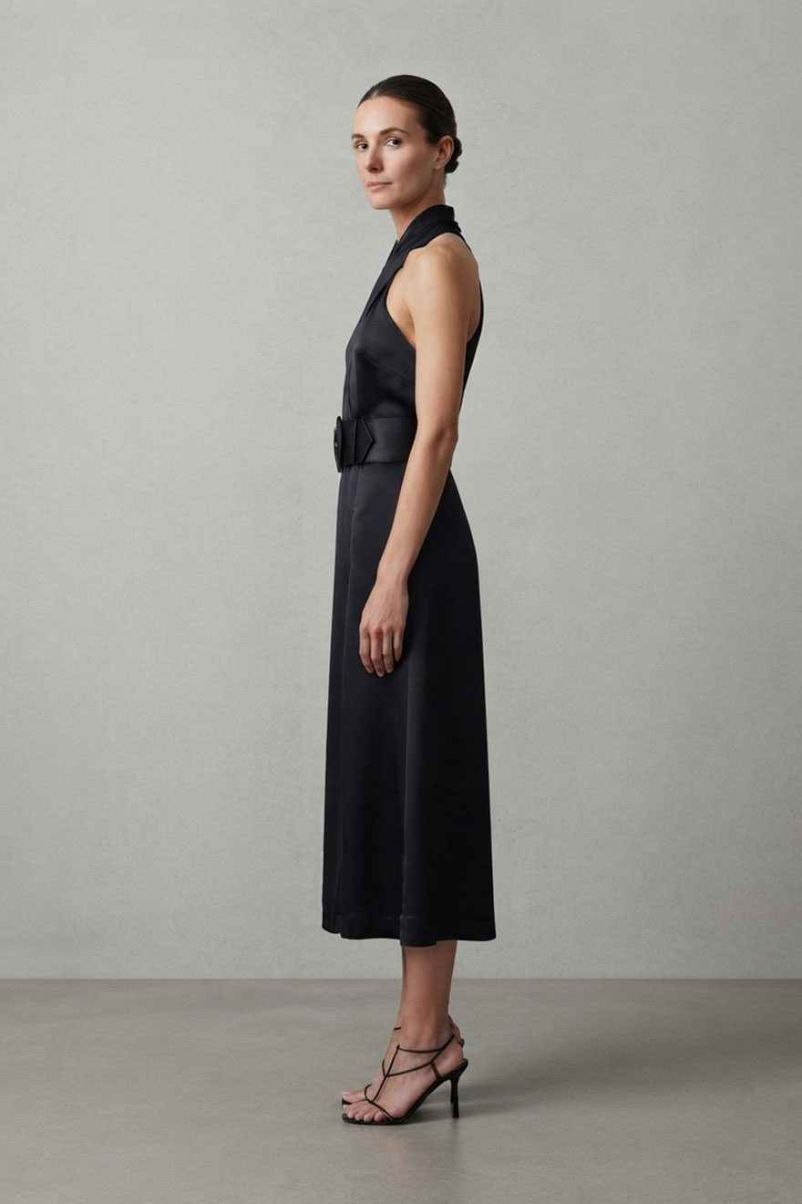 Model wearing Nicholas Colva black silk halter midi dress with belt